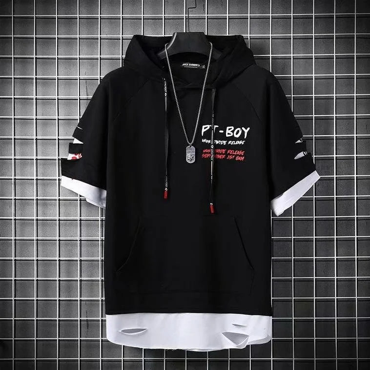 Black short-sleeved hip hop creative hoodie with white trim and pt-boy print for summer japanese style streetwear couple tops