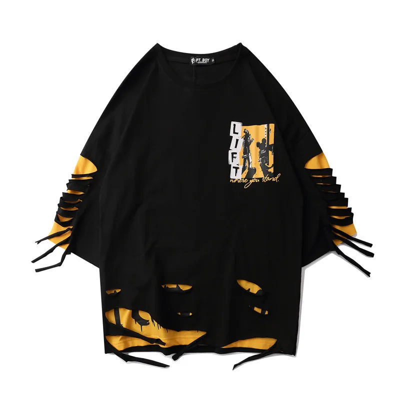 Black oversized hip hop creative tee with yellow distressed cutouts and chest graphic for summer Japanese style streetwear couple tops