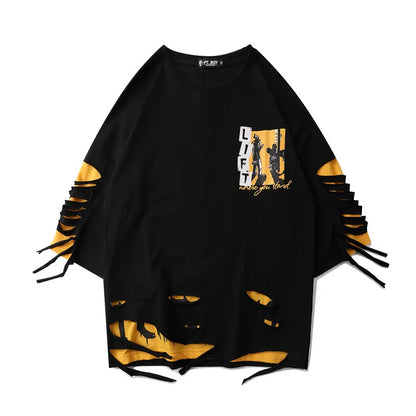 Black oversized hip hop creative tee with yellow distressed cutouts and chest graphic for summer Japanese style streetwear couple tops
