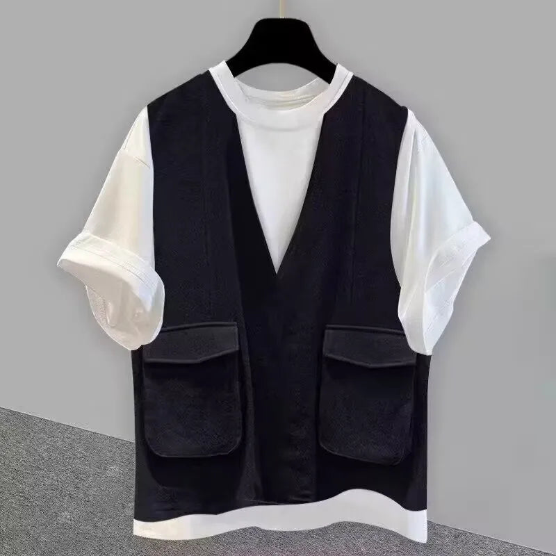 Black corduroy vest with white short sleeves and v-neckline featuring two front pockets for hip hop creative summer japanese style streetwear couple tops