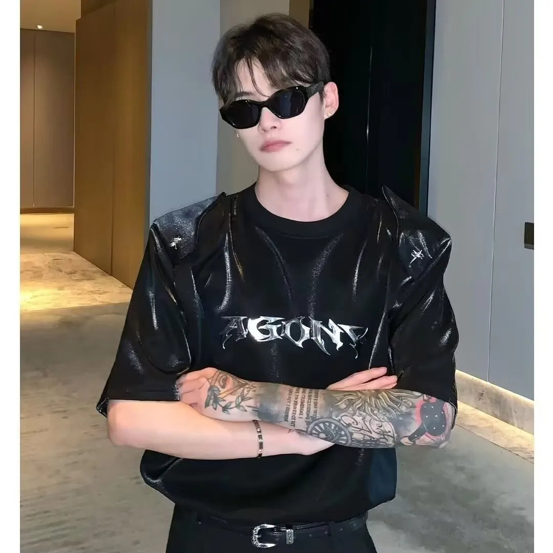 Black glossy faux leather hip hop creative t-shirt with silver agony lettering summer japanese style streetwear couple tops