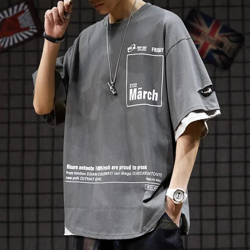 Gray oversized t-shirt with white graphic 2122 march print, hip hop creative summer japanese style streetwear couple tops