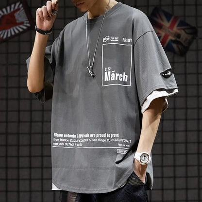 Gray oversized t-shirt with white graphic 2122 march print, hip hop creative summer japanese style streetwear couple tops