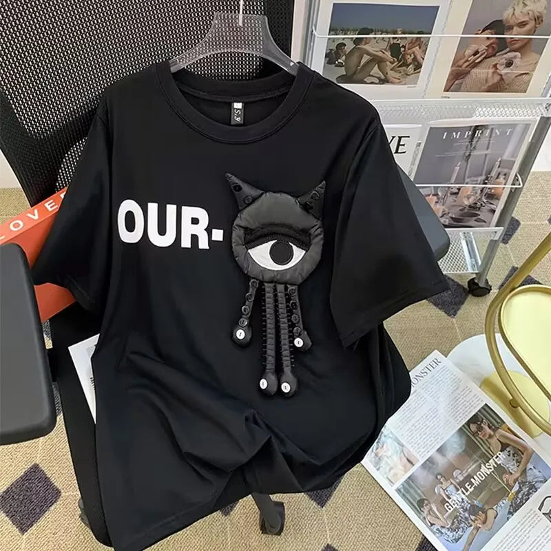 Black oversized t shirt with bold white our graphic and 3d black cat face appliqué hip hop creative streetwear couple tops