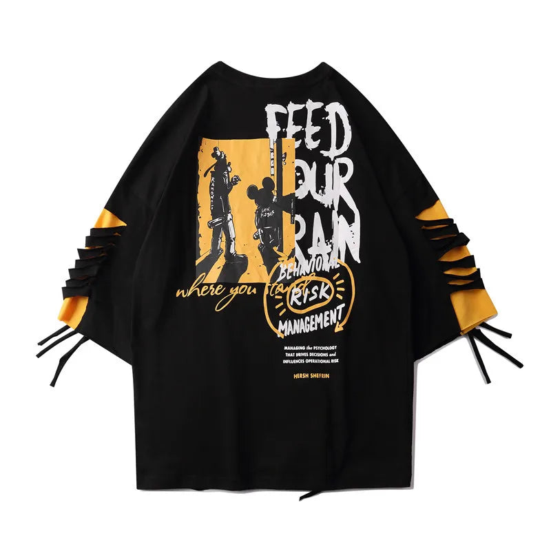 Black oversized hip hop creative t-shirt with bold yellow white mickey mouse print frayed sleeves summer japanese style streetwear couple tops