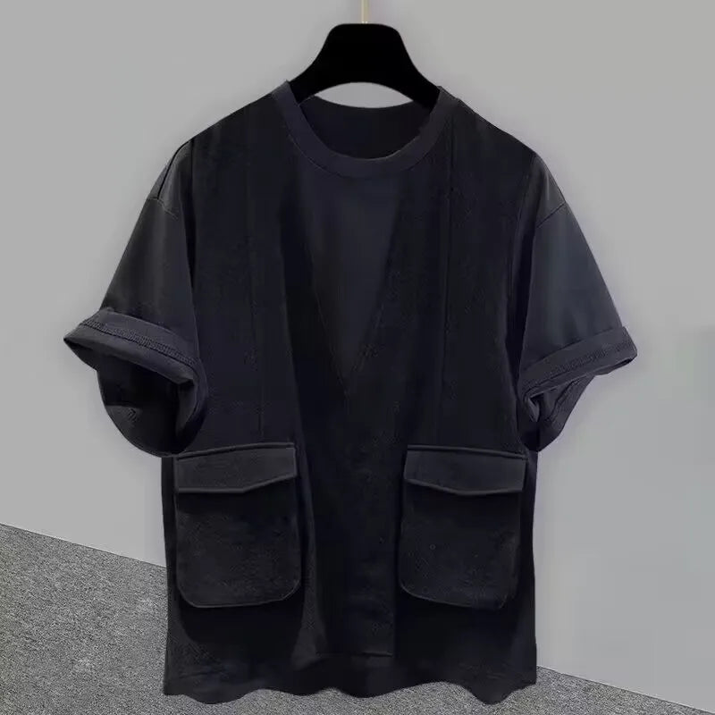 Black oversized hip hop creative t-shirt with short sleeves and two front patch pockets for summer japanese style streetwear couple tops