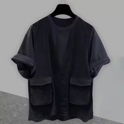 Black oversized hip hop creative t-shirt with short sleeves and two front patch pockets for summer japanese style streetwear couple tops
