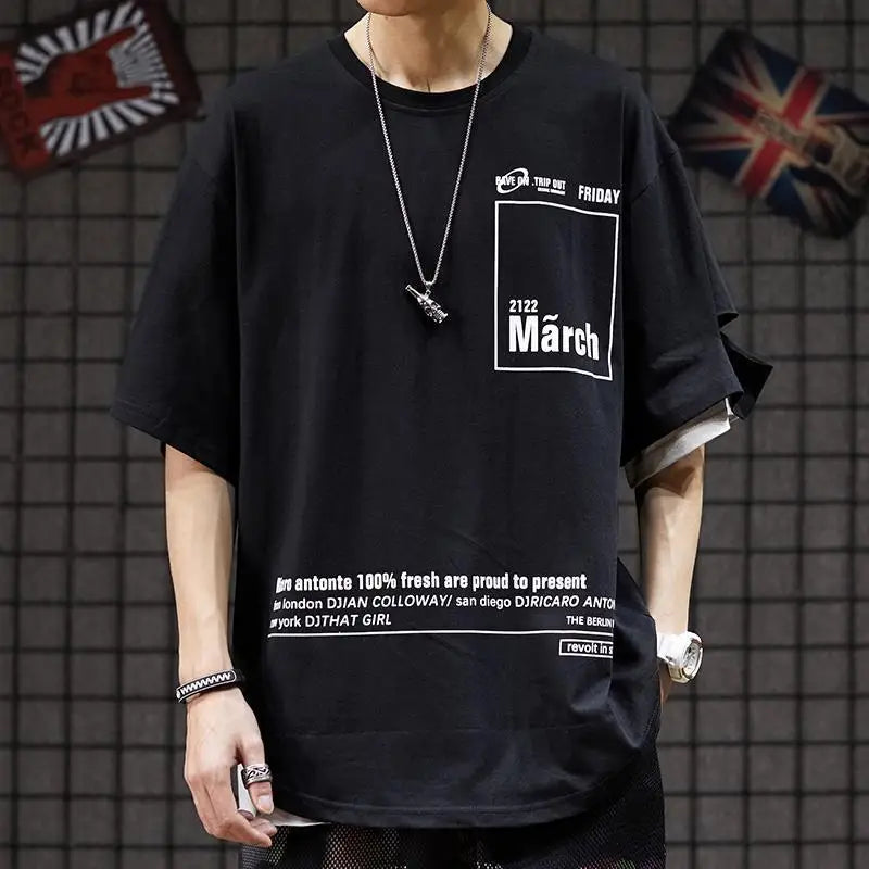 Black oversized hip hop creative t-shirt with white graphic print and layered gray short sleeves for summer Japanese style streetwear couple tops