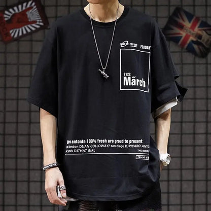 Black oversized hip hop creative t-shirt with white graphic print and layered gray short sleeves for summer Japanese style streetwear couple tops