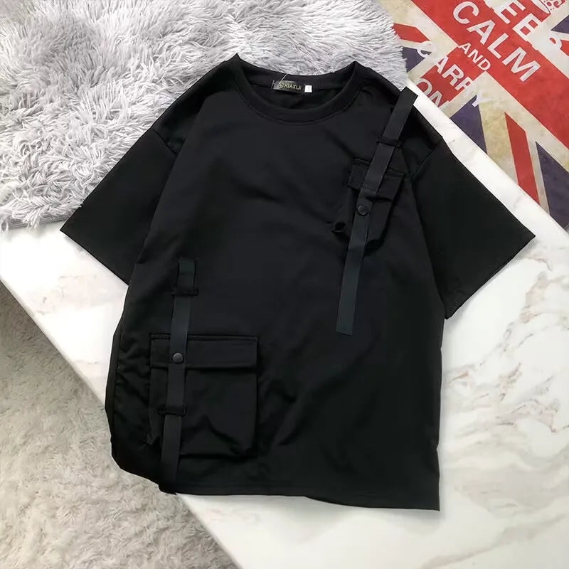 Black short-sleeved hip hop creative t-shirt with tactical straps and pockets for summer Japanese style streetwear couple tops
