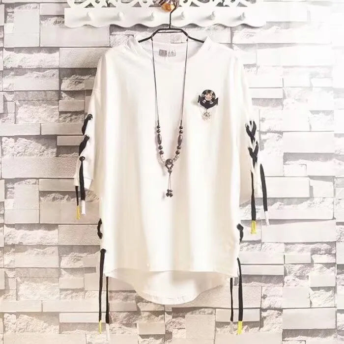 White cotton hip hop creative t-shirt with black embroidered patch and black yellow tie-dye sleeves summer japanese style streetwear couple tops