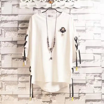 White cotton hip hop creative t-shirt with black embroidered patch and black yellow tie-dye sleeves summer japanese style streetwear couple tops