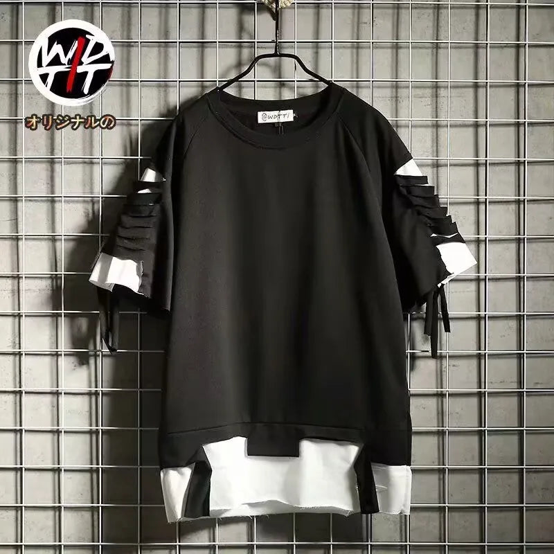 Black and white layered hip hop creative t-shirt with ruffled tie-detailed sleeves for summer japanese style streetwear couple tops