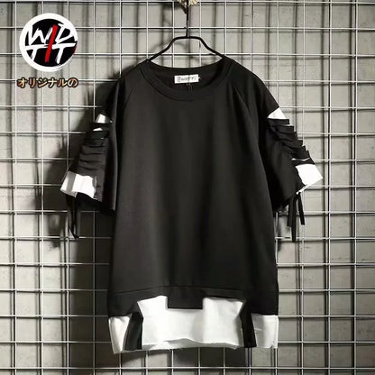 Black and white layered hip hop creative t-shirt with ruffled tie-detailed sleeves for summer japanese style streetwear couple tops