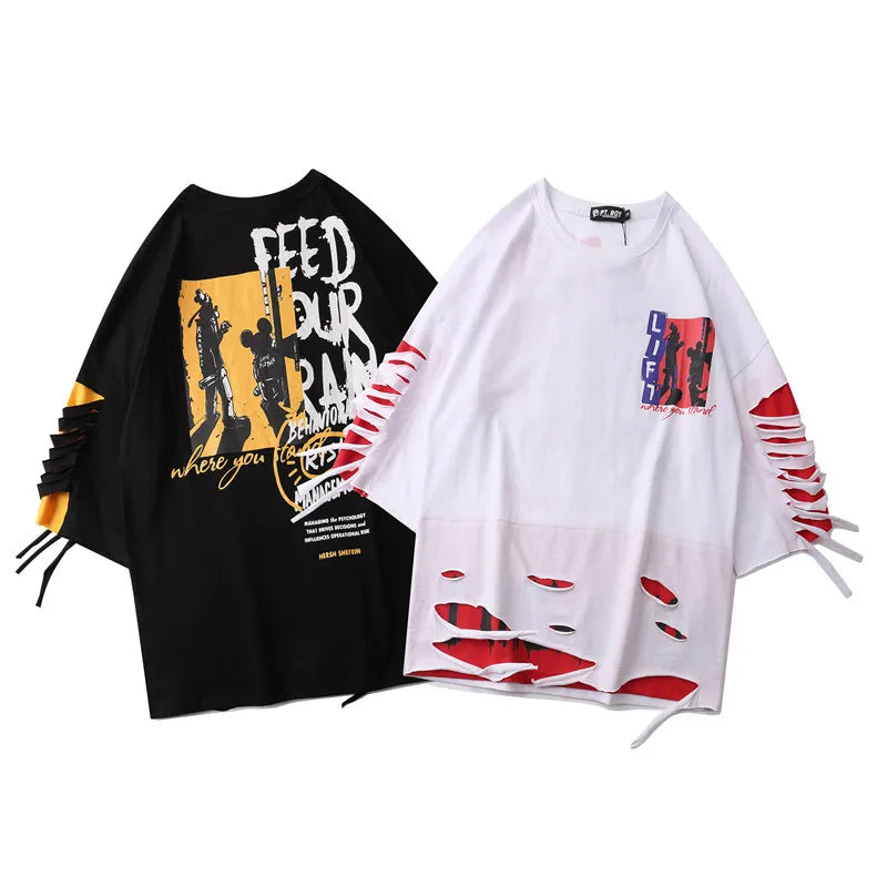Black and white oversized hip hop creative graphic tees with distressed details summer japanese style streetwear couple tops
