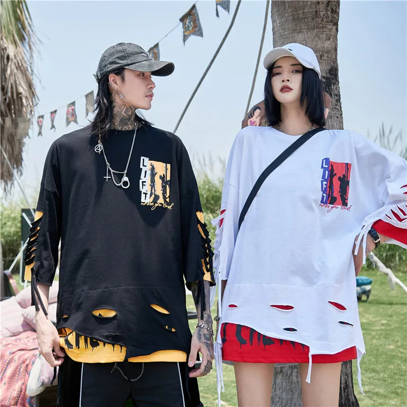 Black and white oversized hip hop creative graphic tee with distressed rips and yellow accents in summer japanese style streetwear couple tops