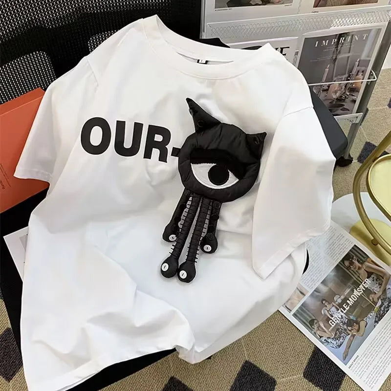 White oversized hip hop creative t shirt with bold black our graphic and 3d articulated black cat appliqué summer japanese style streetwear couple tops