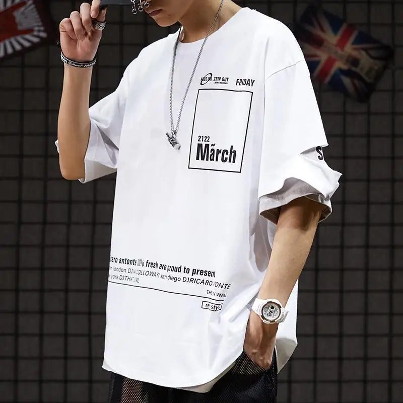 White oversized t-shirt with black graphic print and rolled-up sleeves in hip hop creative summer japanese style streetwear couple tops