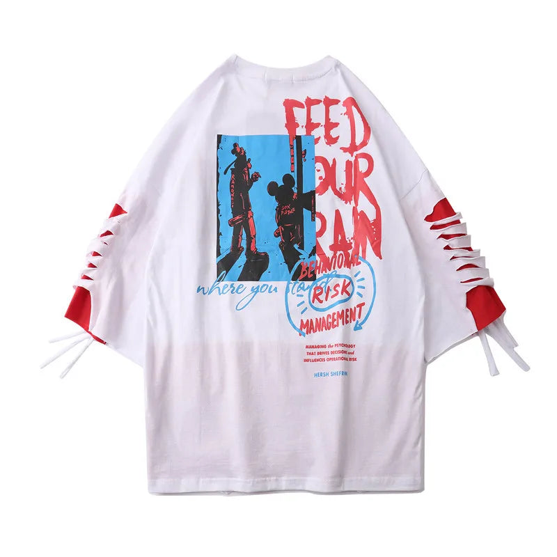 White oversized hip hop creative t shirt with red and blue graphic print and distressed lace up sleeves for streetwear couple tops