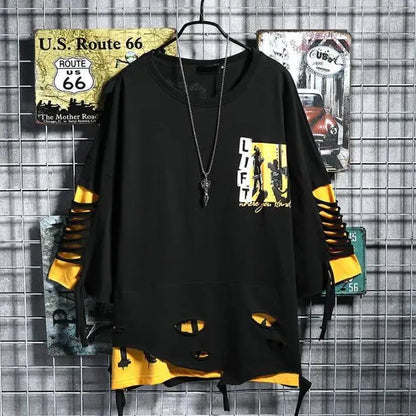 Black and yellow hip hop creative long-sleeve tee with lace-up cuffs and cut-out details in summer japanese style streetwear couple tops