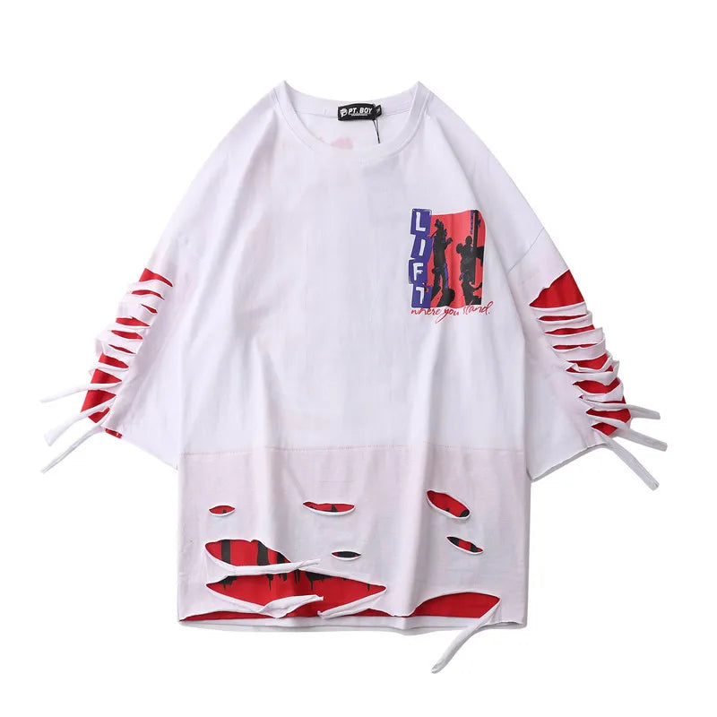 White oversized hip hop creative t-shirt with red distressed cutouts and graphic print for summer japanese style streetwear couple tops