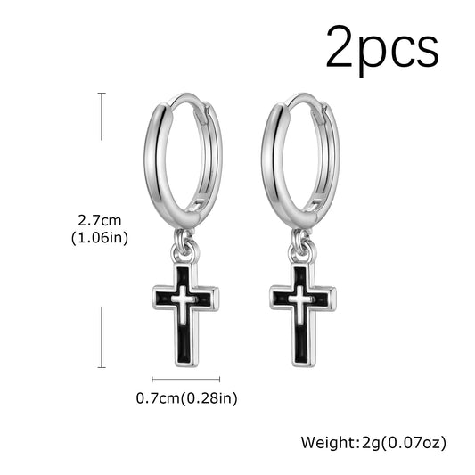 Silver hip hop cross huggies earrings for men boys featuring black metal cross charms measuring 2.7cm length