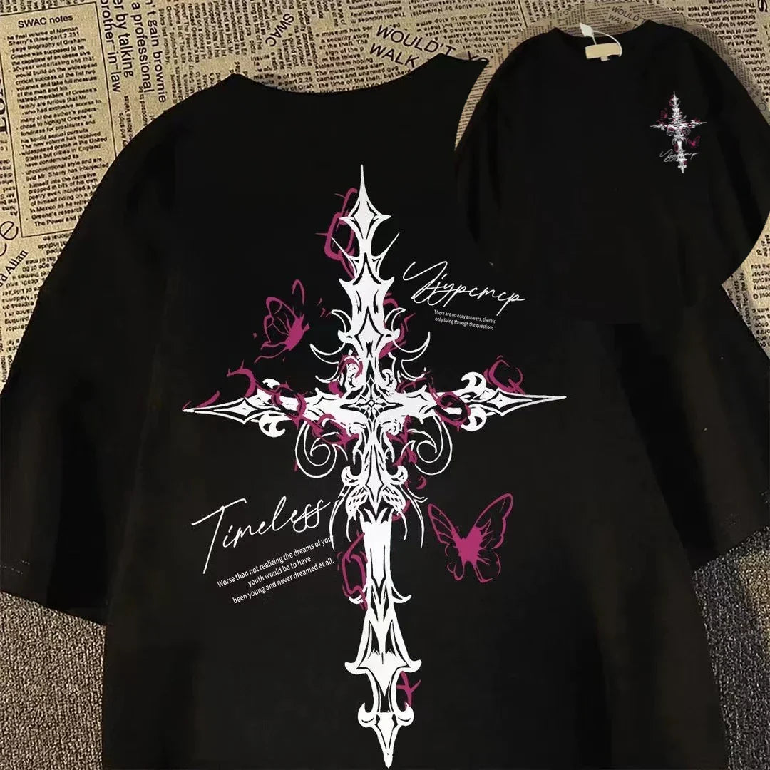 Black hip-hop cross print loose short-sleeved t-shirt with white magenta cross and timeless script american high street style