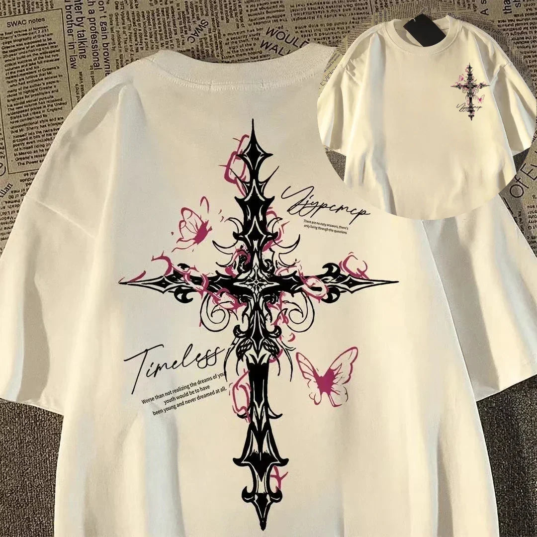White print loose short-sleeved t-shirt with hip-hop cross print and butterflies in american high street style for summer