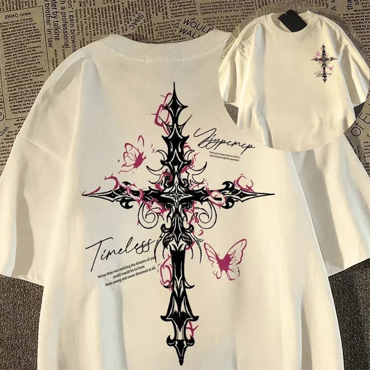White print loose short-sleeved t-shirt with hip-hop cross print and butterflies in american high street style for summer