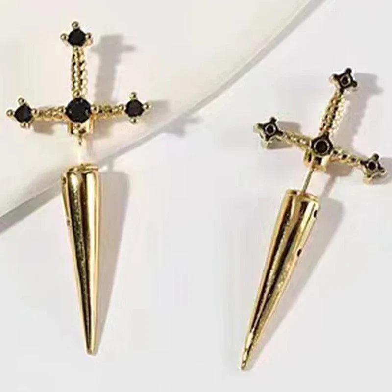 Gold-colored hip hop cross sword stud earrings with classic blask crystal stone accents for women