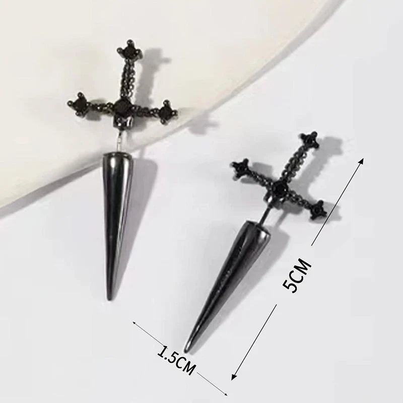 Black hip hop cross sword stud earrings with darkened metal, metallic spike, and classic blask crystal accents