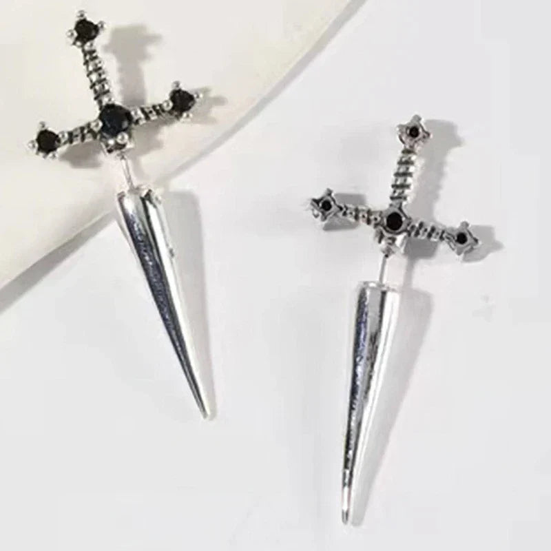 Silver sword stud earrings with classic blask crystal black stones featuring a hip hop cross design for women