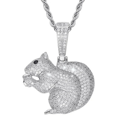 A sparkling silver squirrel pendant small with clear cubic zirconia and black gemstone eye for hip hop jewelry accessory