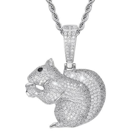 A sparkling silver squirrel pendant small with clear cubic zirconia and black gemstone eye for hip hop jewelry accessory