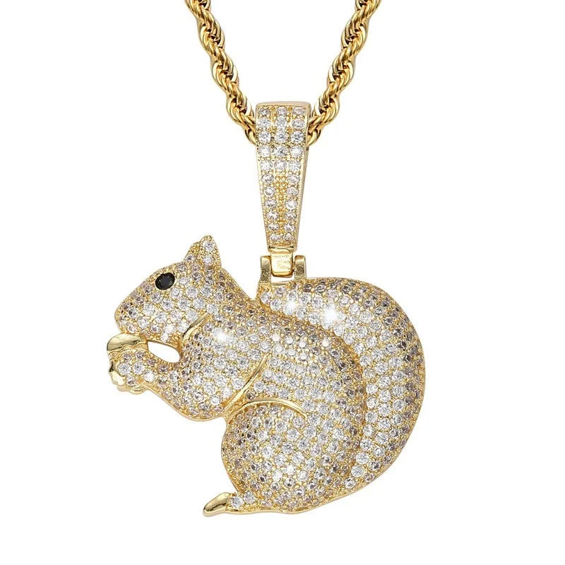 Gold-tone hip hop jewelry squirrel pendant small with clear cubic zirconia pavé and black accent eye on rope chain
