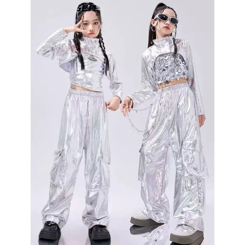 Shiny silver metallic two-piece reflective rave outfit featuring sequined crop tops cargo pants for jazz dancewear festival