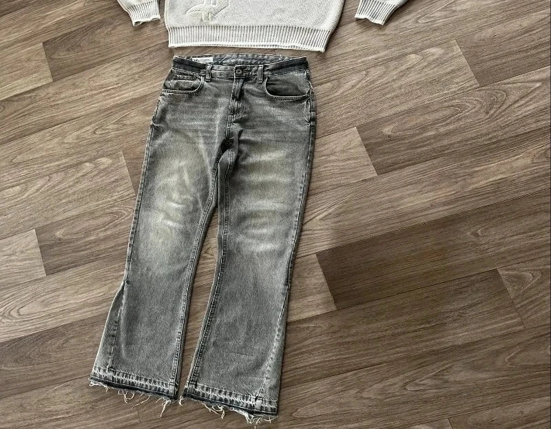 Flared gray denim jeans with frayed hems in pcs set y2k featuring dollar logo embroidery streetwear unisex style