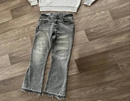 Flared gray denim jeans with frayed hems in pcs set y2k featuring dollar logo embroidery streetwear unisex style