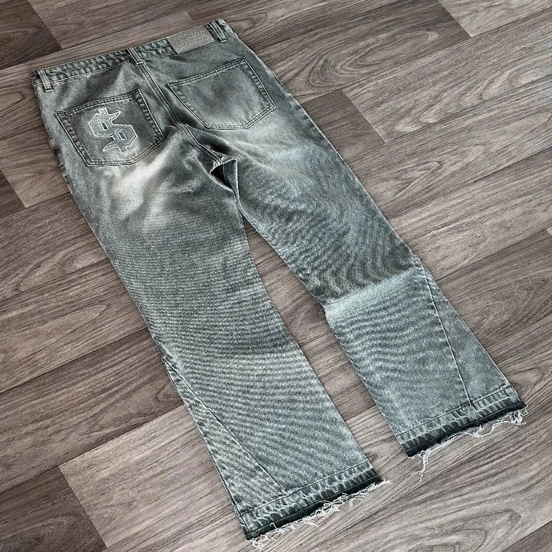 Distressed gray denim jeans with faded wash frayed hems and white dollar logo embroidery on back pocket for pcs set y2k