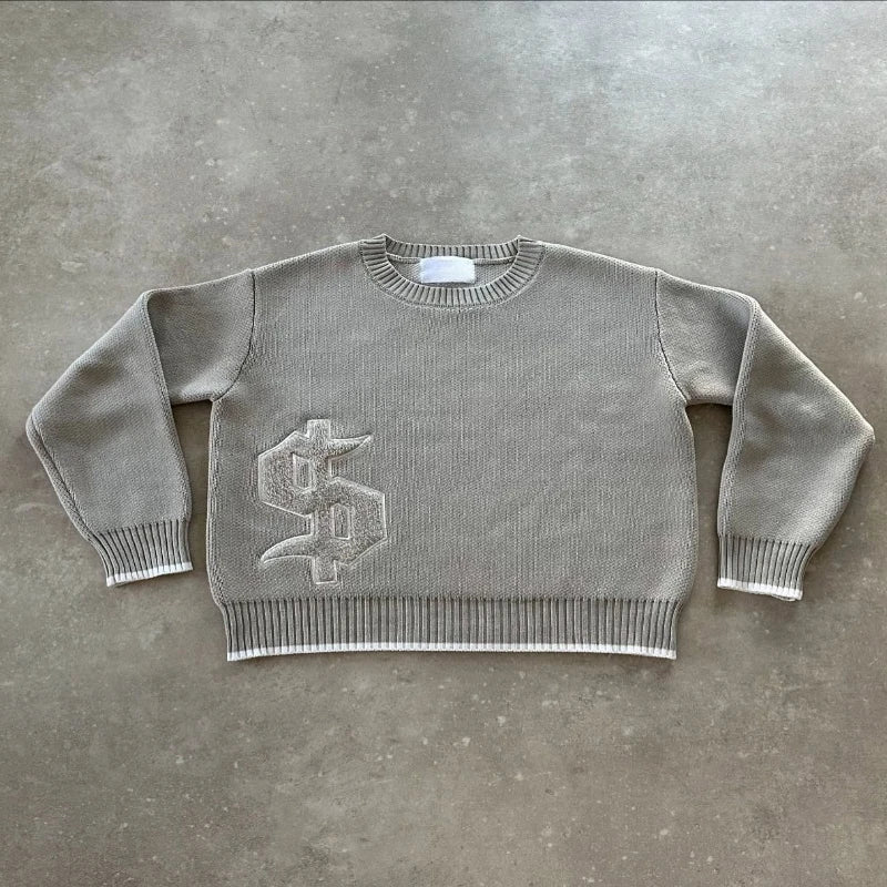 Gray knit sweater with prominent embroidered dollar sign chest hip hop dollar embroidery streetwear unisex pcs set y2k