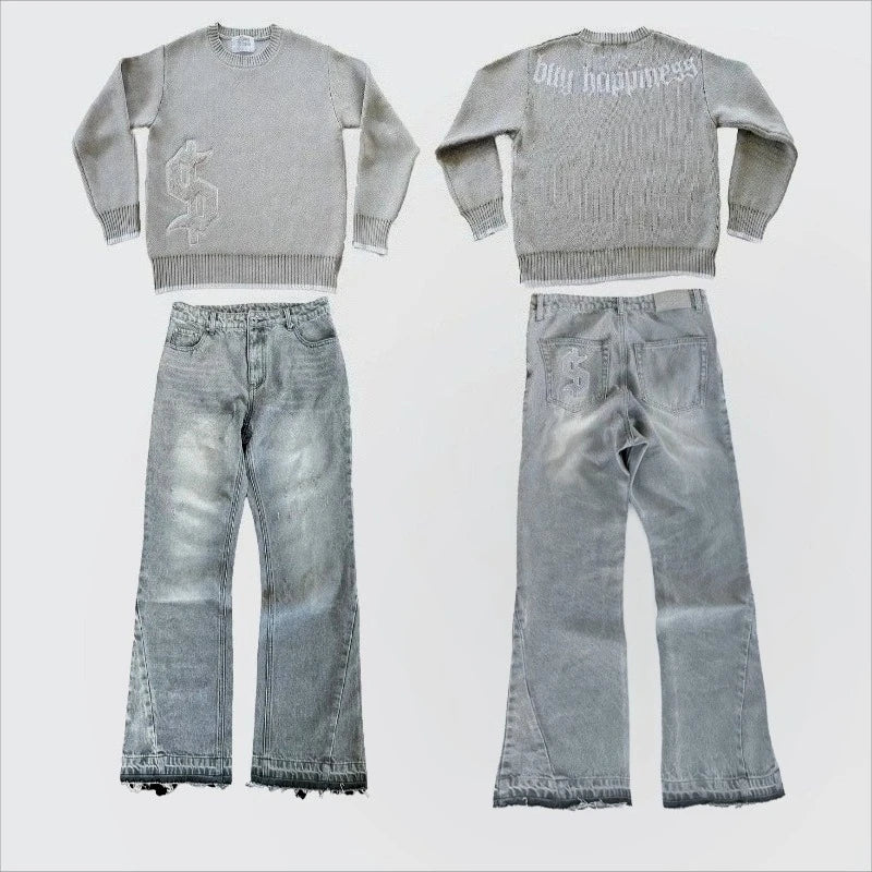 Gray knit sweater with dollar logo embroidery on front and big happiness text on back paired with distressed jeans pcs set y2k embroidery streetwear unisex