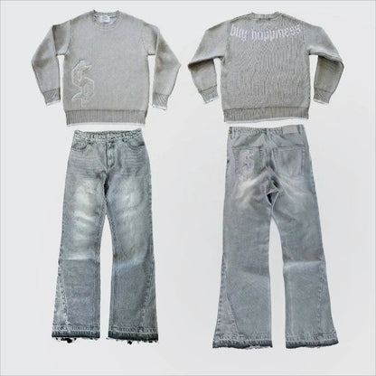 Gray knit sweater with dollar logo embroidery on front and big happiness text on back paired with distressed jeans pcs set y2k embroidery streetwear unisex