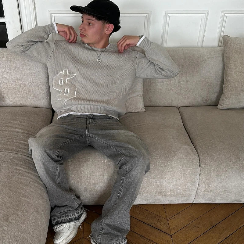 A light gray knit sweater with white hip hop dollar logo embroidery in a pcs set y2k streetwear unisex style