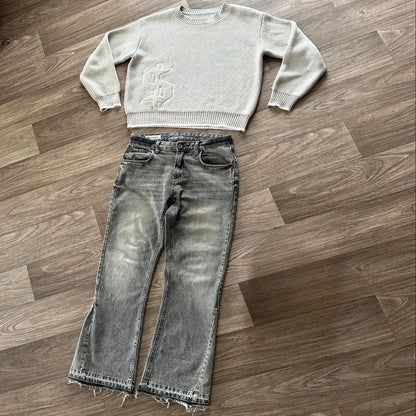 A light gray long-sleeved knit sweater with a textured dollar logo embroidery streetwear unisex in a pcs set y2k style