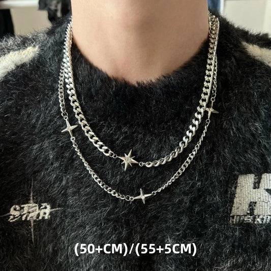Silver star-themed layered titanium steel star cross necklace with mixed chains clavicle chain choker punk male accessories