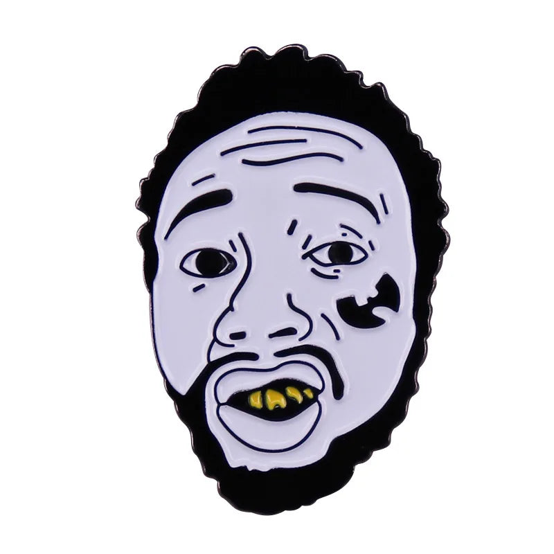 A stylized enamel lapel pin with a cartoon face black curly hair white skin tone and gold teeth for rapping music collect badge jewelry