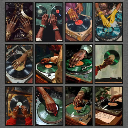 A collection of nine hip hop fashion art posters showing black dj hand turning colorful vinyl records for bar decor