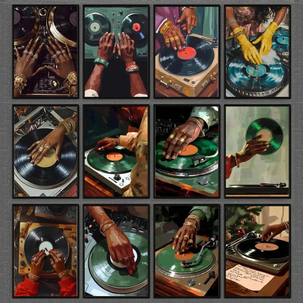 A collection of nine framed hip hop fashion art posters featuring black dj hand manipulating colorful vinyl records for bar decor
