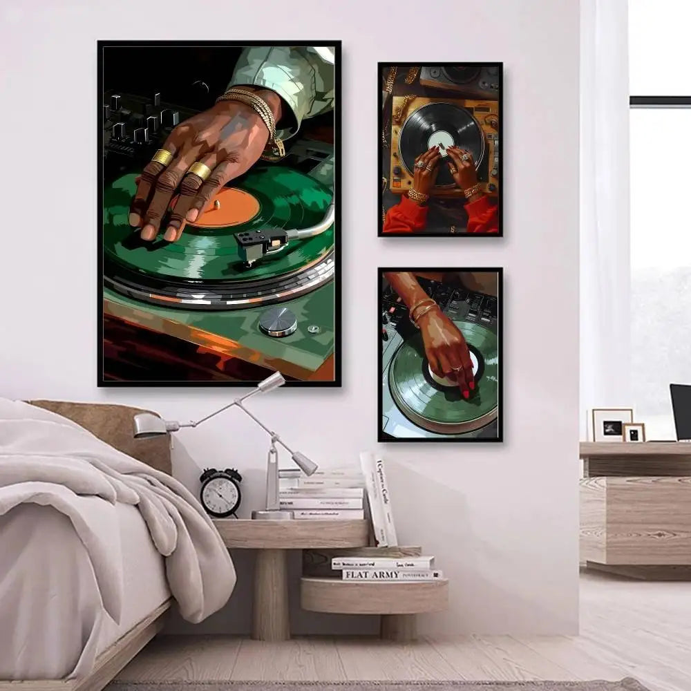 Set of three framed vinyl record art posters featuring vibrant green turntables and black DJ hand illustrations for bar decor