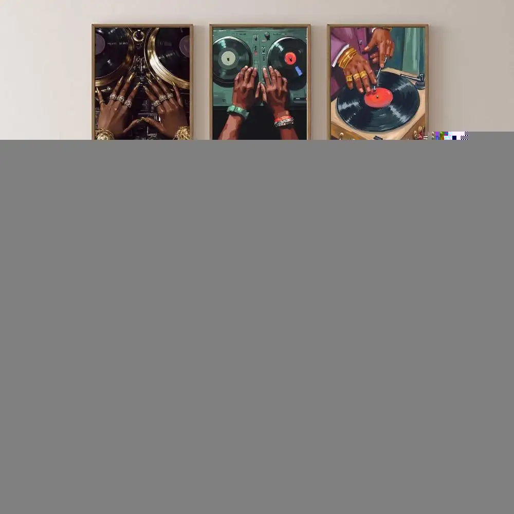 Three framed art prints featuring black DJ hand interacting with vinyl records for hip hop fashion art poster bar decor